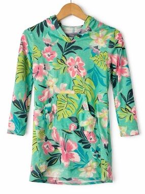 Lands' End Girls' Turquoise and Pink Floral Hooded Swim Coverup